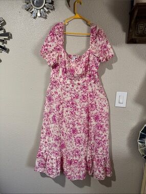 London Times Cream and Pink Floral Maxi Dress with Square Neck